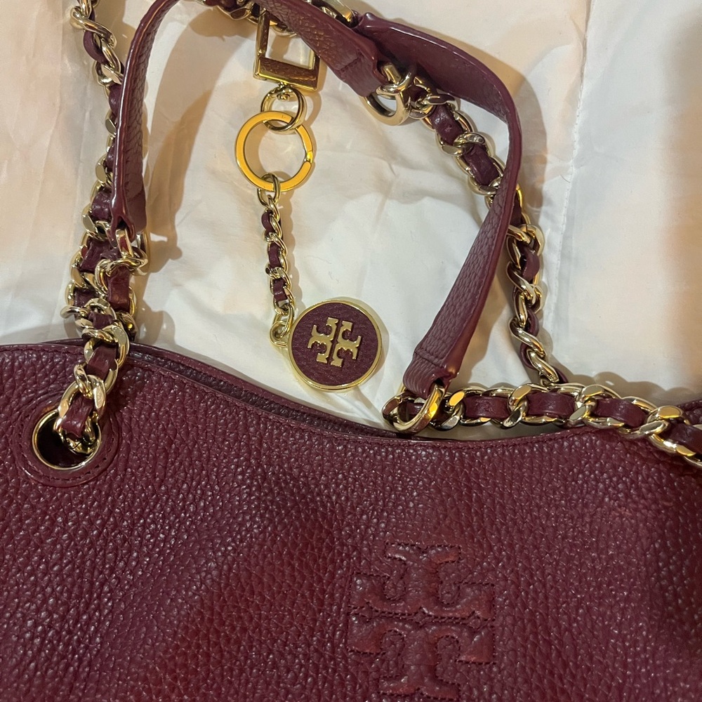 Tory BurchBurgundy Thea Slouchy Large Leather Tote with Gold Chain, NWOT